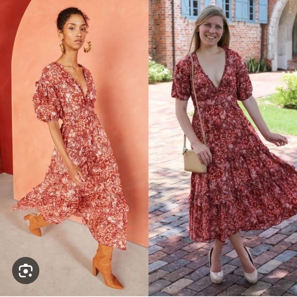 Ulla Johnson Amora Coral Floral Print Midi Dress Size 4 Ruffle Puff Sleeve
